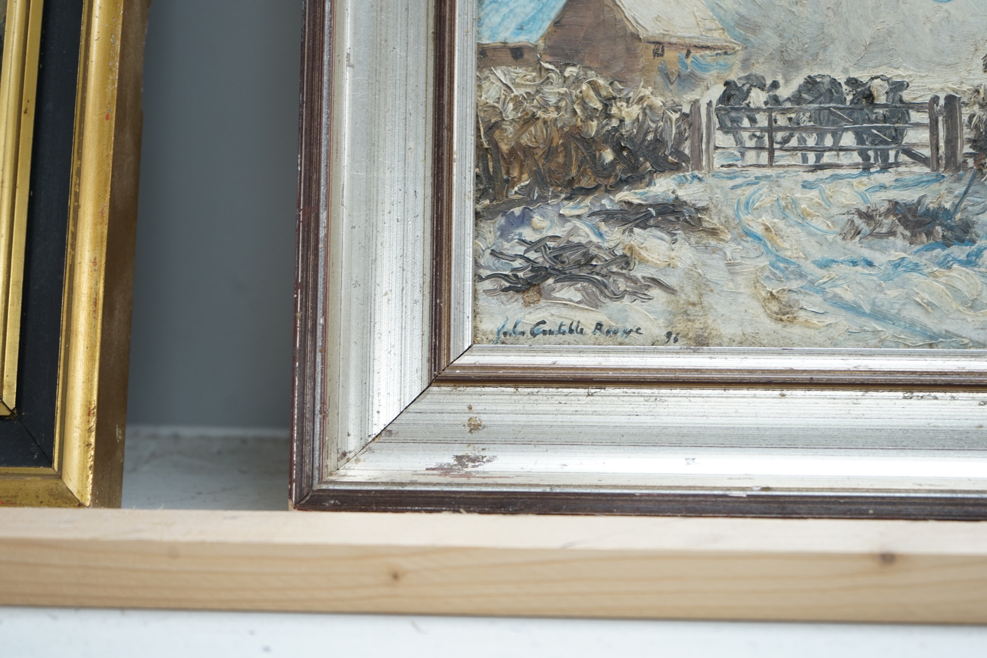 Impasto oil on board, Winter scene with bonfire, indistinctly signed John Con…? and dated '96, 18.5 x 24cm. Condition - fair, would benefit from a clean